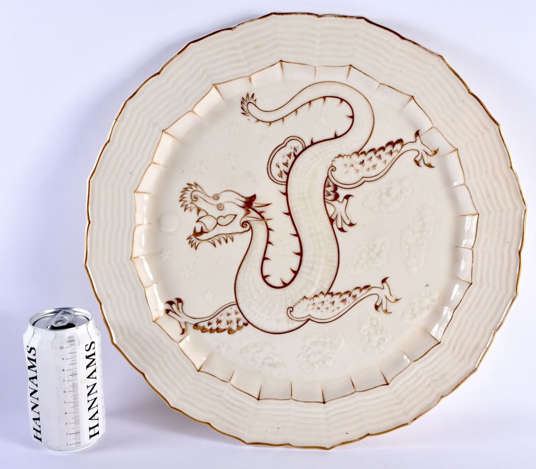 AN EXTREMELY RARE IRISH BELLEEK PORCELAIN GILDED DRAGON TRAY decorated in relief with a dragon pursu (1 of 6)