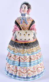 A 19TH CENTURY FRENCH BISQUE PORCELAIN BONBONIERRE AND COVER formed as a female wearing long robes. (1 of 7)