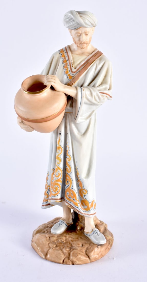 Royal Worcester figure, of a Middle Eastern water carrier, decorated in flesh tones, his robe in lig: Royal Worcester figure, of a Middle Eastern water carrier, decorated in flesh tones, his robe in light blue, impressed mark. 22cm high.