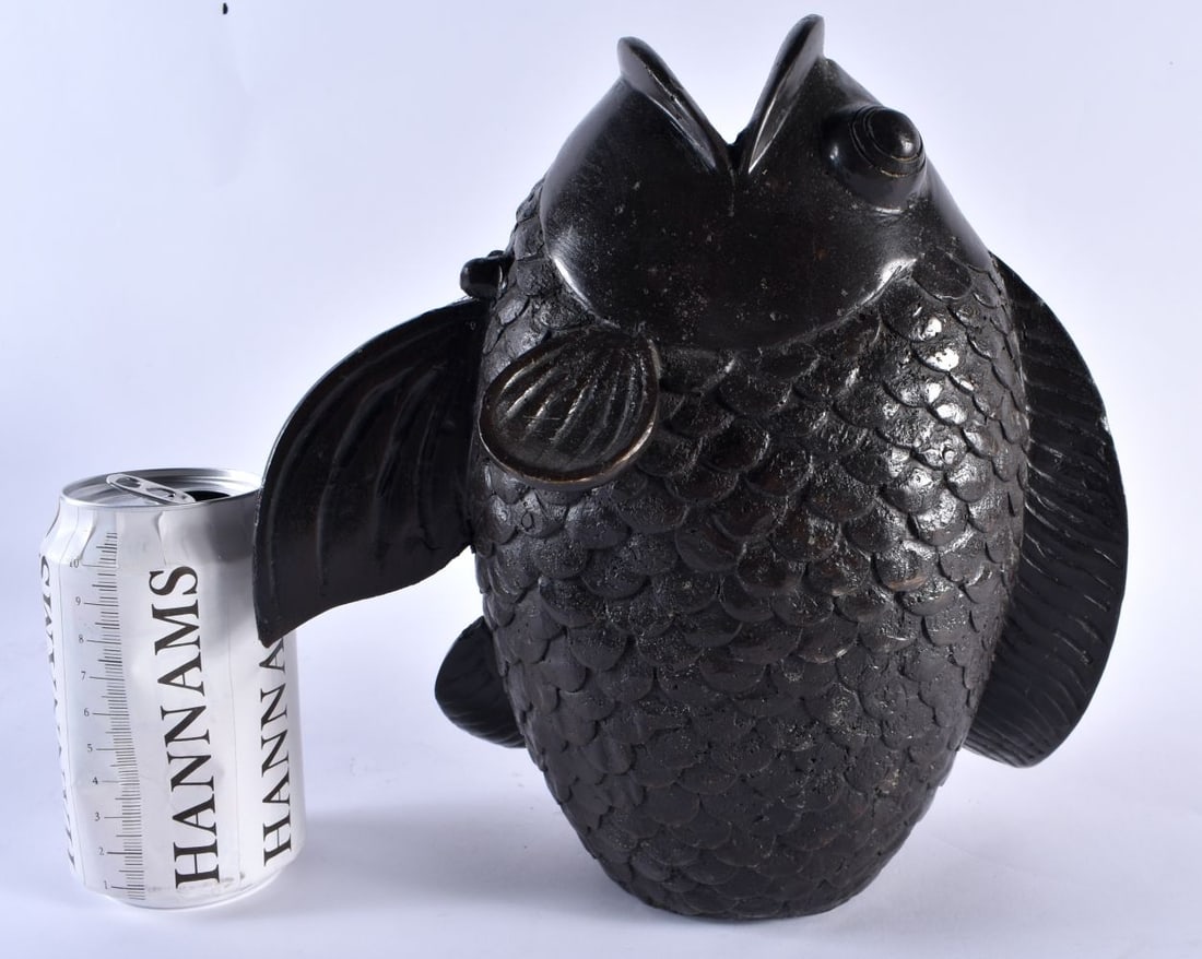 A LARGE LATE 19TH CENTURY JAPANESE MEIJI PERIOD BRONZE CARP VASE of naturalistic form. 26 cm x 18 cm (1 of 6)
