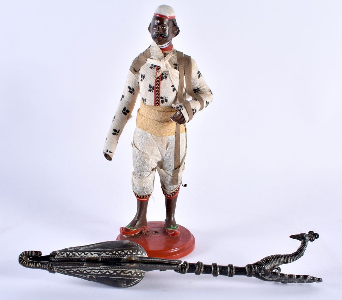 AN UNUSUAL ANTIQUE BRONZE BIRD SPICE HOLDER together with Indian Company School figure. Largest 22 c (1 of 8)