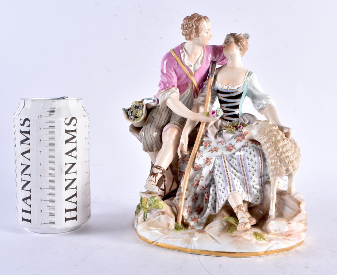 A LARGE 19TH CENTURY MEISSEN PORCELAIN FIGURAL GROUP depicting a male and female beside a sheep. 21 (1 of 6)