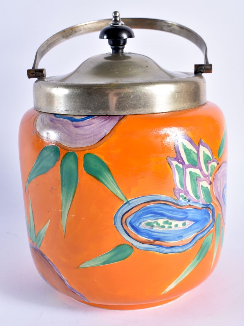 AN ART DECO CLARICE CLIFF BIZARRE BISCUIT BARREL AND COVER. 25 cm x 12 cm inc handle. (1 of 6)