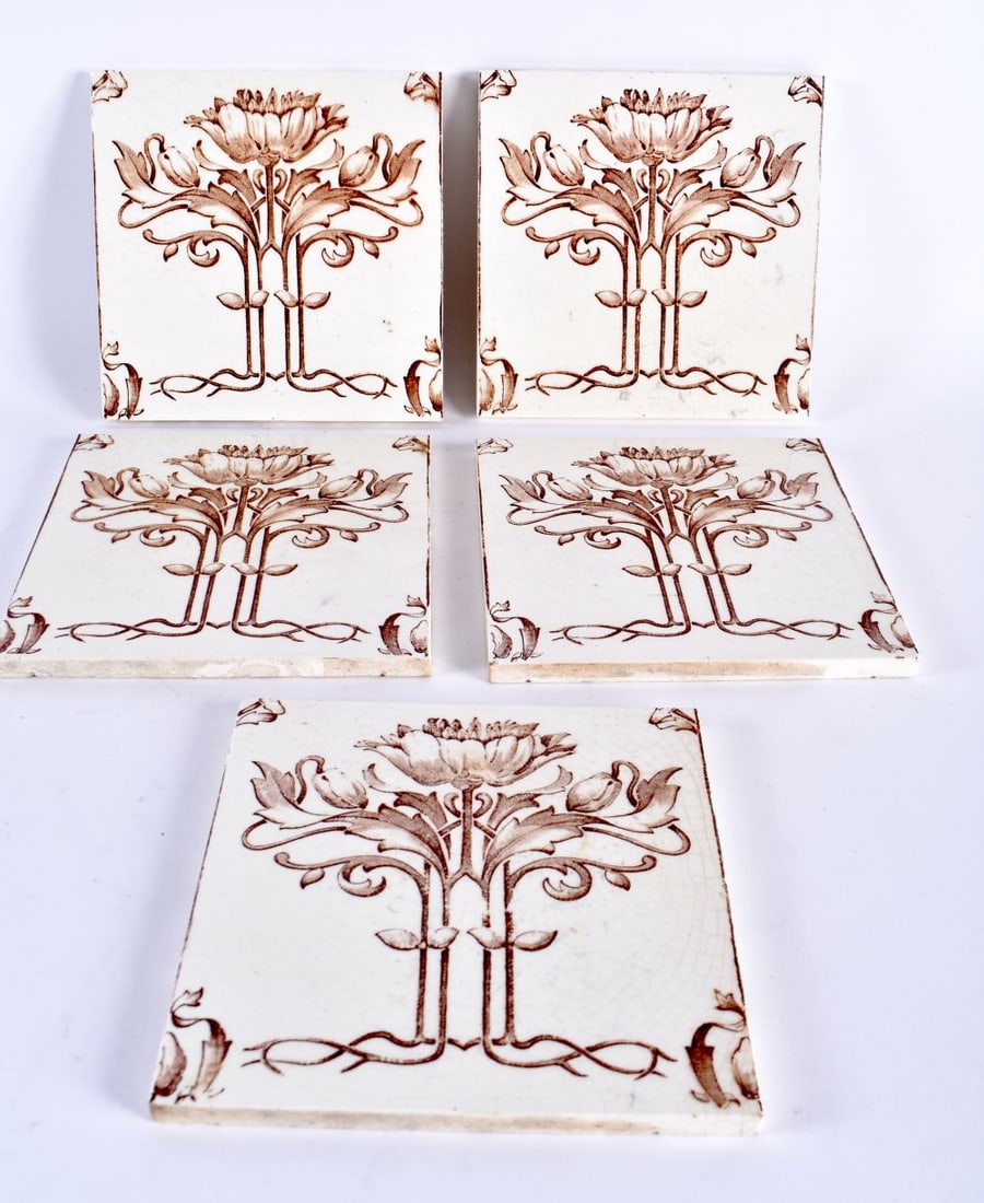 FIVE ANTIQUE ENGLISH BROWN PRINTED TILES. 15 cm square. (5) (1 of 3)