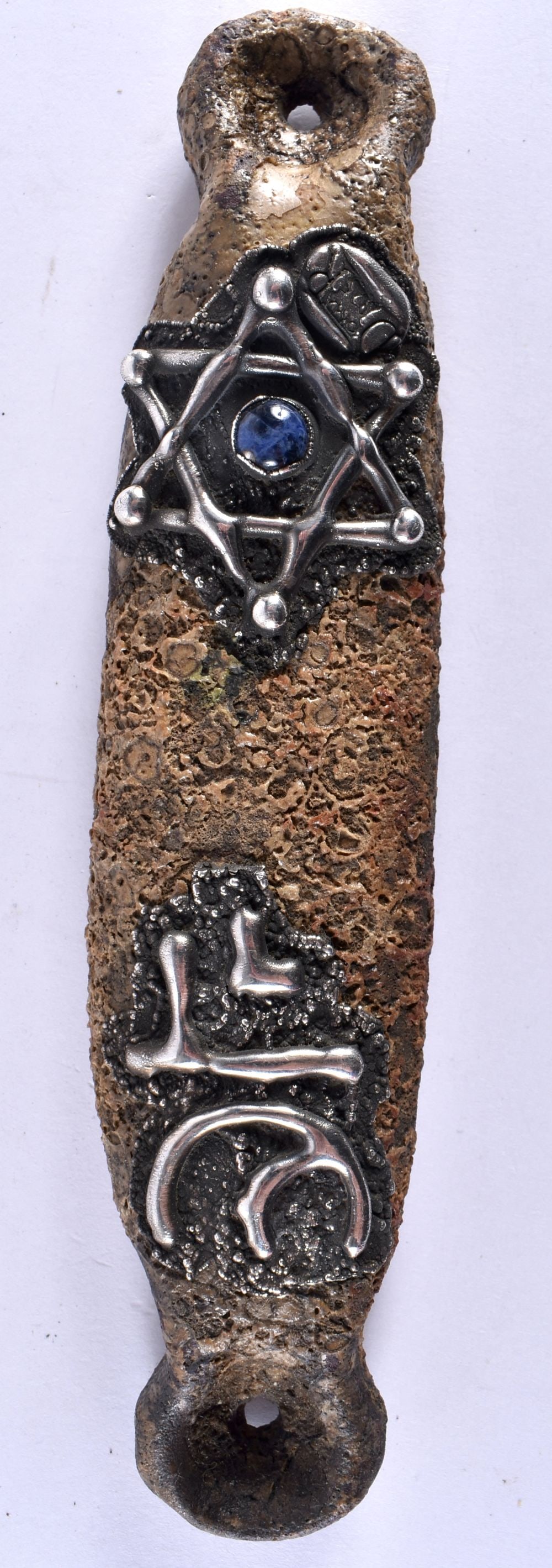 AN UNUSUAL JUDAIC SILVER OVERLAID LAPIS LAZULI INSET ARTICLE. 18 cm x 4 cm. (1 of 4)