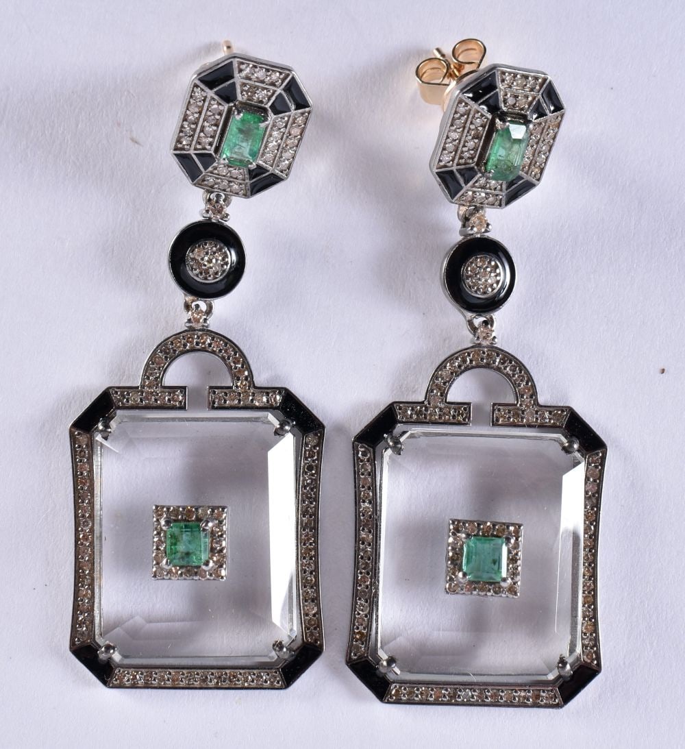 A Pair of Crystal Earrings in Silver Mounts set with Diamonds and Emeralds.  Stamped 925, 5.5cm x (1 of 2)