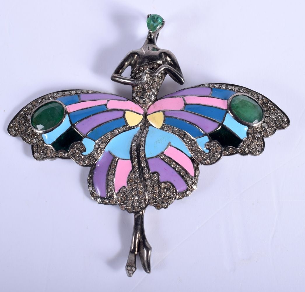 An Art Deco Style Enamel Brooch / Pendant set with Emeralds and Diamonds.  6.5cm x 7cm, weight 18.9g (1 of 2)