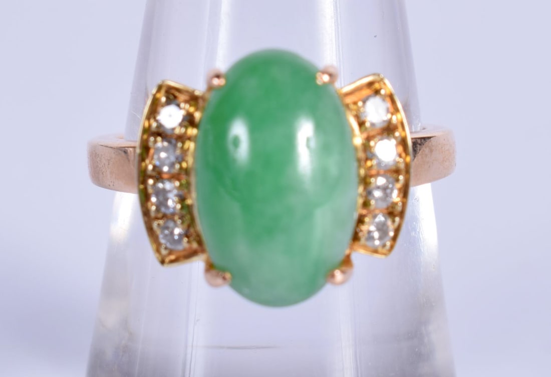 A 14 Carat Gold Ring Set with Jade and Diamonds.  Stamped 14K, Size M, weight 4.8g (1 of 3)