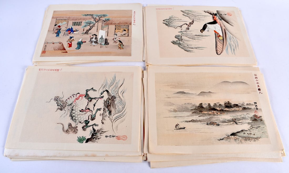 Japanese School (19th Century) 34 x Watercolours, Folio, Assorted subjects. 27 cm x 21 cm. (qty) (1 of 10)