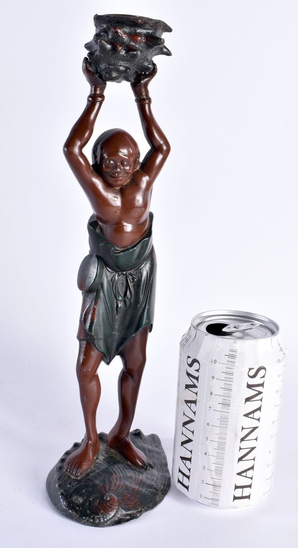 A 19TH CENTURY JAPANESE MEIJI PERIOD PAINTED OKIMONO OF A BUDDHA modelled holding aloft a shell. 29: A 19TH CENTURY JAPANESE MEIJI PERIOD PAINTED OKIMONO OF A BUDDHA modelled holding aloft a shell. 29 cm high.