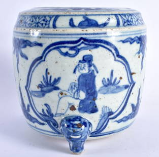 A RARE CHINESE BLUE AND WHITE PORCELAIN CENSER possibly Late Ming, painted with seated immortals wit: A RARE CHINESE BLUE AND WHITE PORCELAIN CENSER possibly Late Ming, painted with seated immortals within stylised landscapes. 12 cm x 10 cm.
