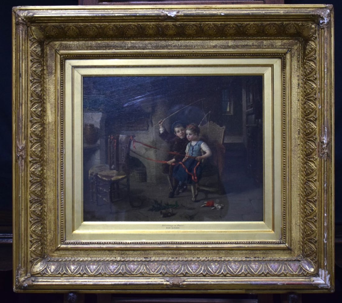Paul Seignac (French 1826-1904) Framed Oil on board "Driving a Pair". 31 x 40 cm. (1 of 5)