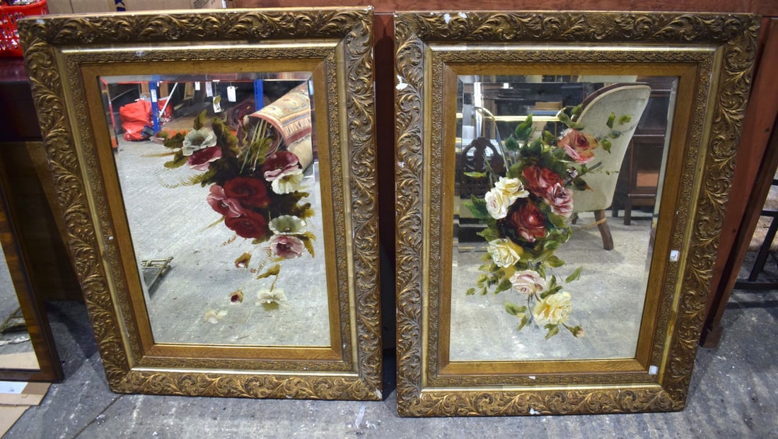 A pair of large antique mirrors hand painted with flowers 184 x 78 cm (2): A pair of large antique mirrors hand painted with flowers 184 x 78 cm (2)