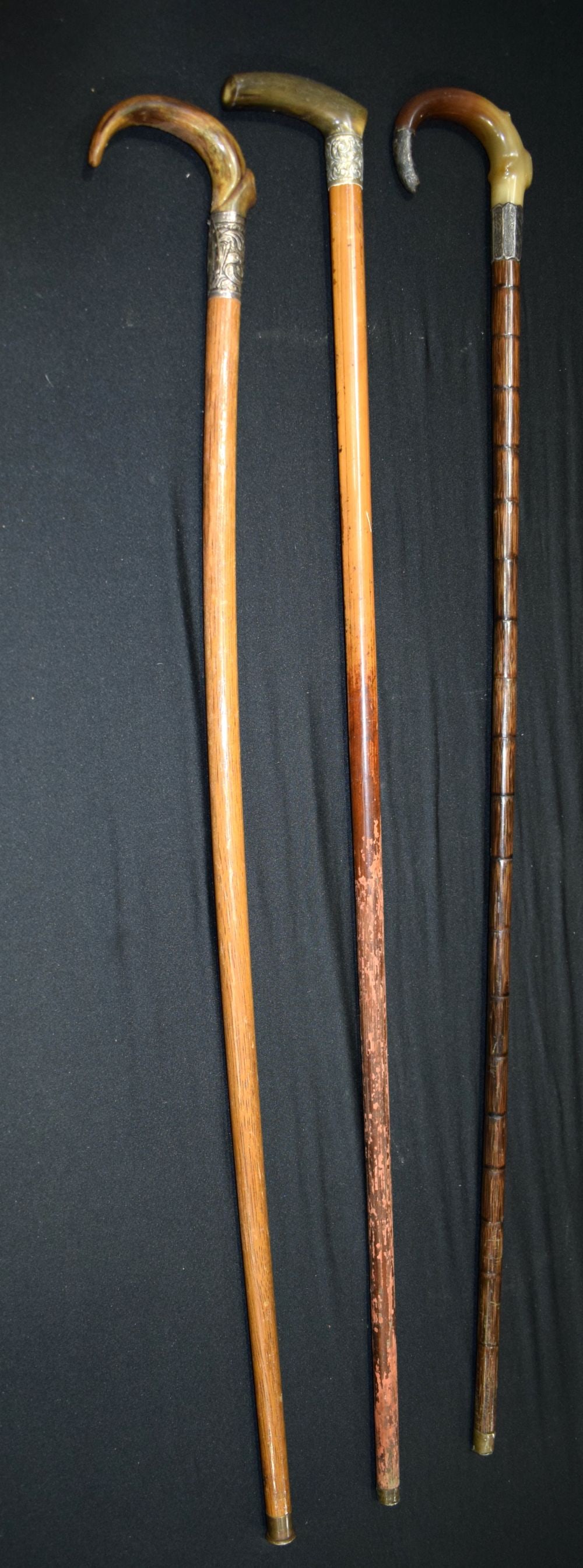 Two Rhino horn handled walking canes together with another horn cane, all have silver collars 92 cm (1 of 5)
