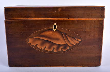 A GEORGE III MAHOGANY RECTANGULAR FORM TEA CADDY inlaid with shells to top and front, the interior w (1 of 5)