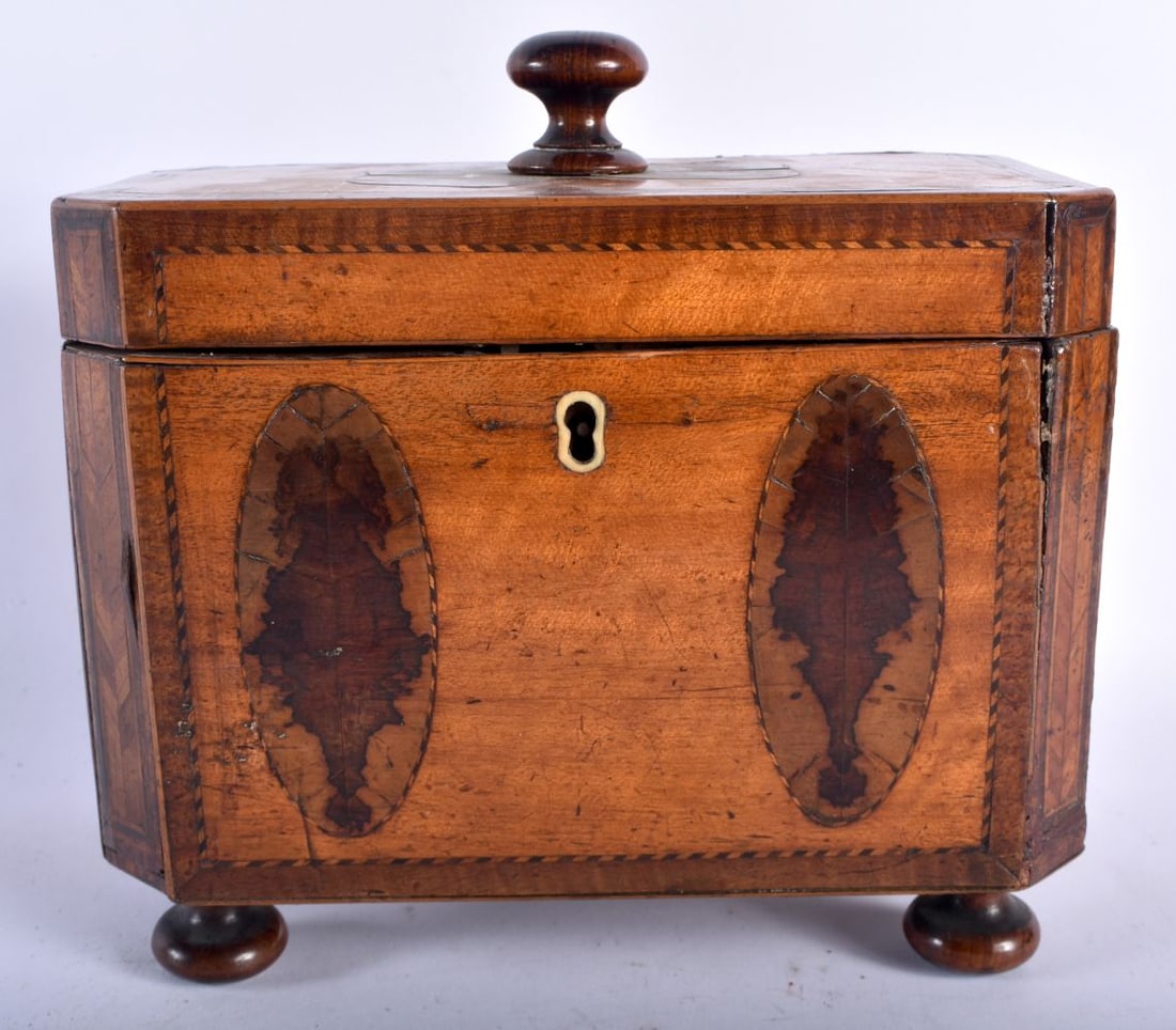 AN UNUSUAL GEORGE III MAHOGANY RECTANGULAR FORM TEA CADDY overlaid with panels of flowers and trees, (1 of 6)