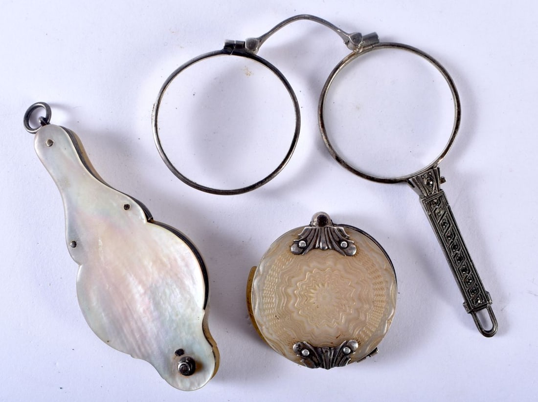 Two Antique Silver Monocles with Mother of Pearl Cases and a Pair of Lorgnettes.  Stamped 800, 925 a (1 of 2)