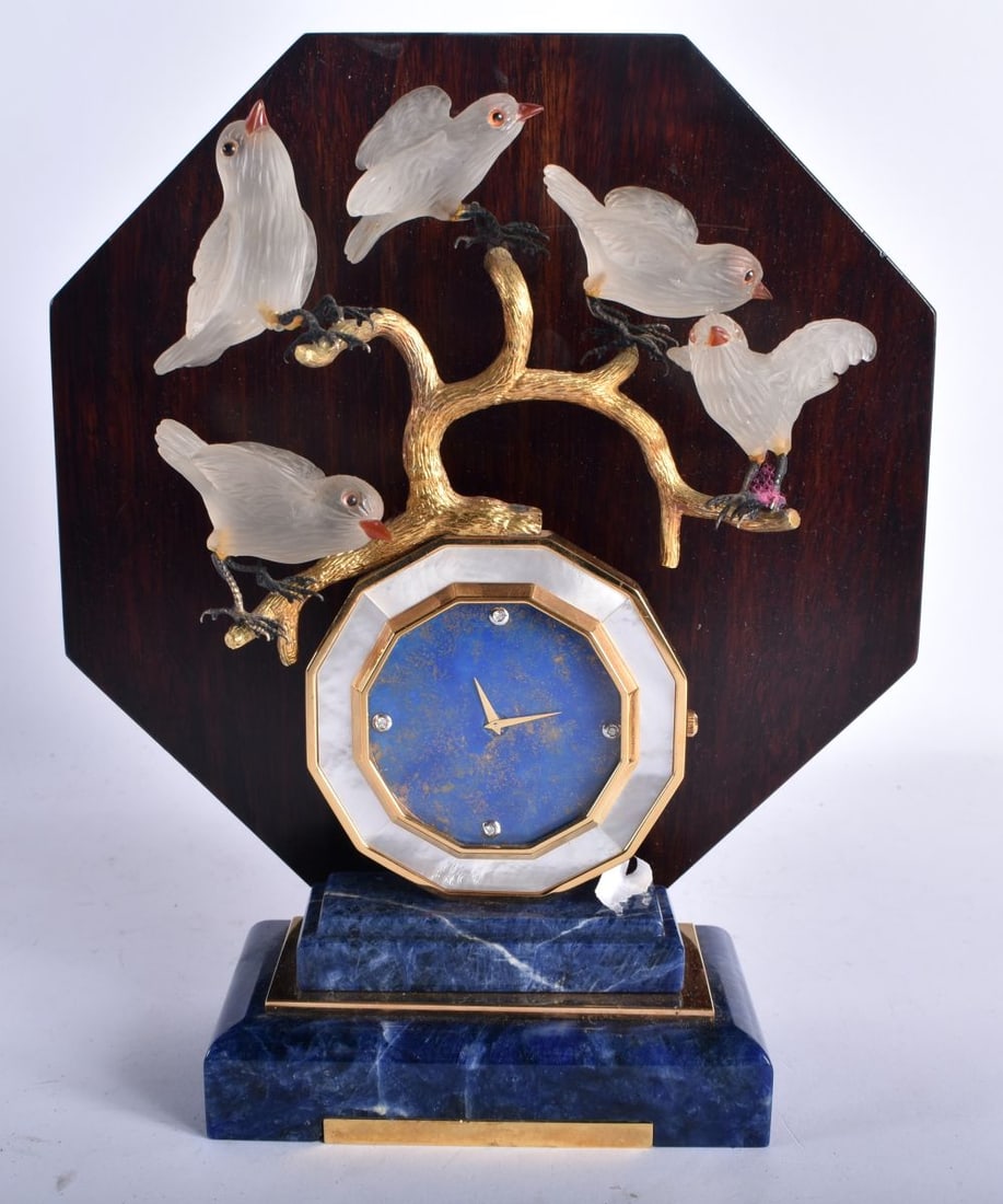 A VERY UNUSUAL ART DECO LAPIS LAZULI AND FROSTED GLASS MANTEL CLOCK formed with five birds perched u (1 of 7)