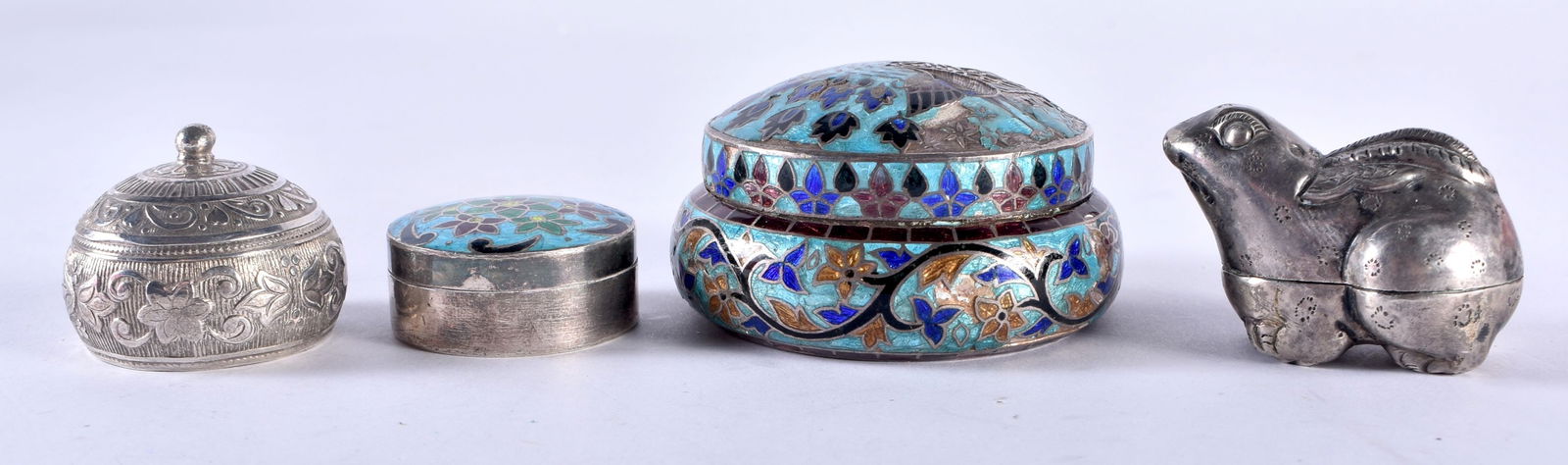 Two Silver and Enamel Pill Boxes together with Two Other Silver Boxes. Stamped 925, XRF Tested for: Two Silver and Enamel Pill Boxes together with Two Other Silver Boxes. Stamped 925, XRF Tested for purity. Largest 6.1cm x 3.2cm, total weight 98g (4)
