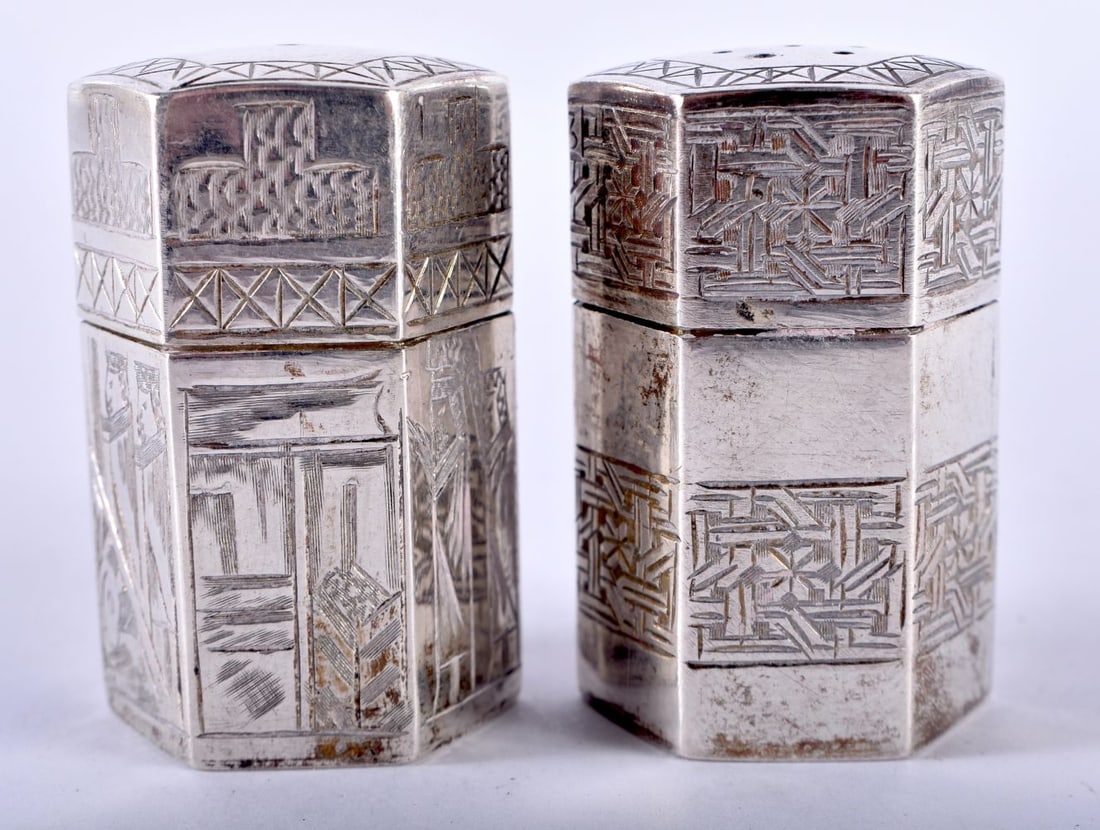 A Pair of Sterling Silver Condiments. Unknown Marks.  XRF Tested for purity.  4.5cm x 3cm, weight 92 (1 of 4)