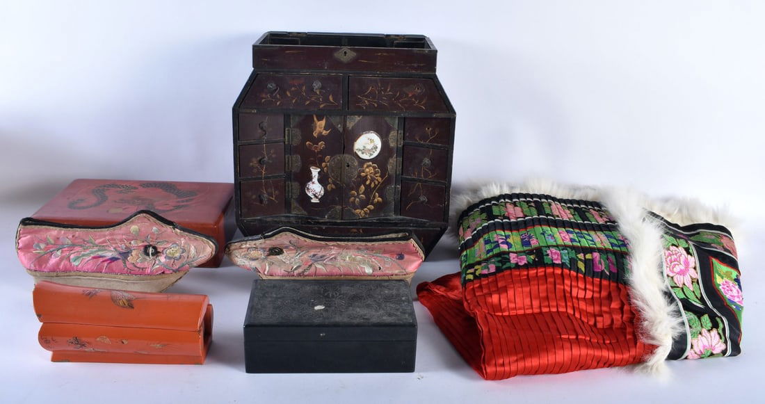 AN EARLY 20TH CENTURY CHINESE SILK SKIRT together with a similar pair of shoes, and lacquer ware. La (1 of 13)