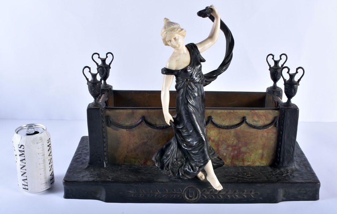 Peter Tereszczuk (C1920) Bronze and onyx planter, Female before four classical urns. 44 cm x 35 cm. (1 of 5)