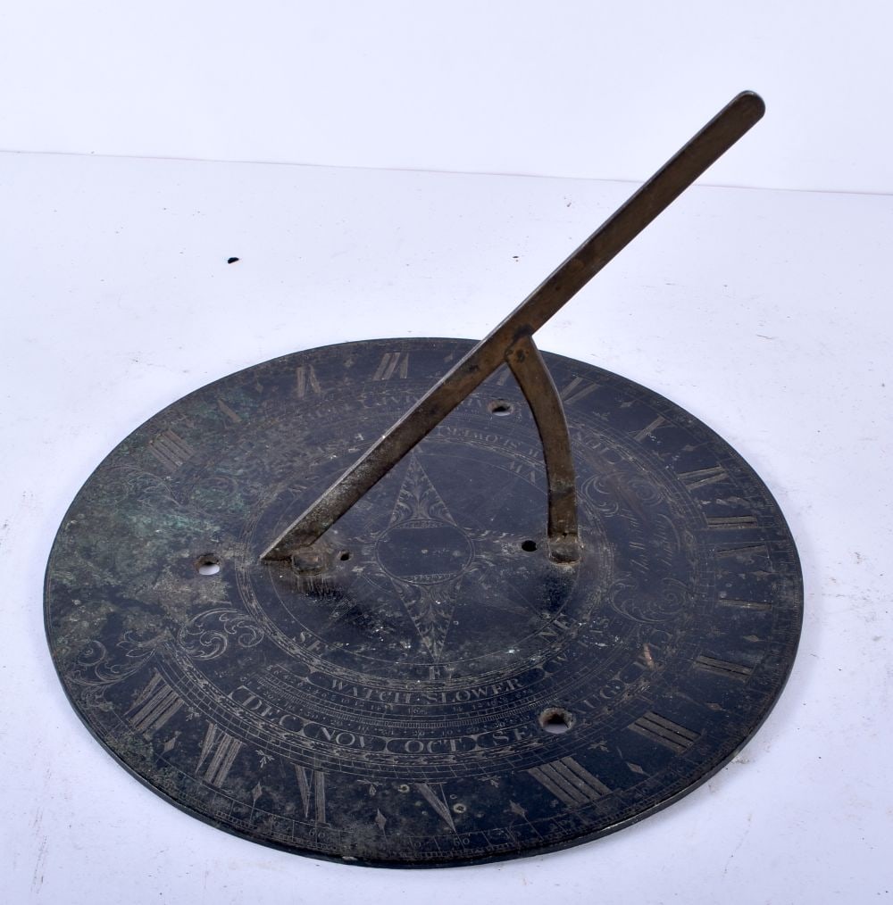 A GOOD ANTIQUE BRONZE SUNDIAL by Thomas Wright of London. 22 cm x 7 cm. (1 of 4)