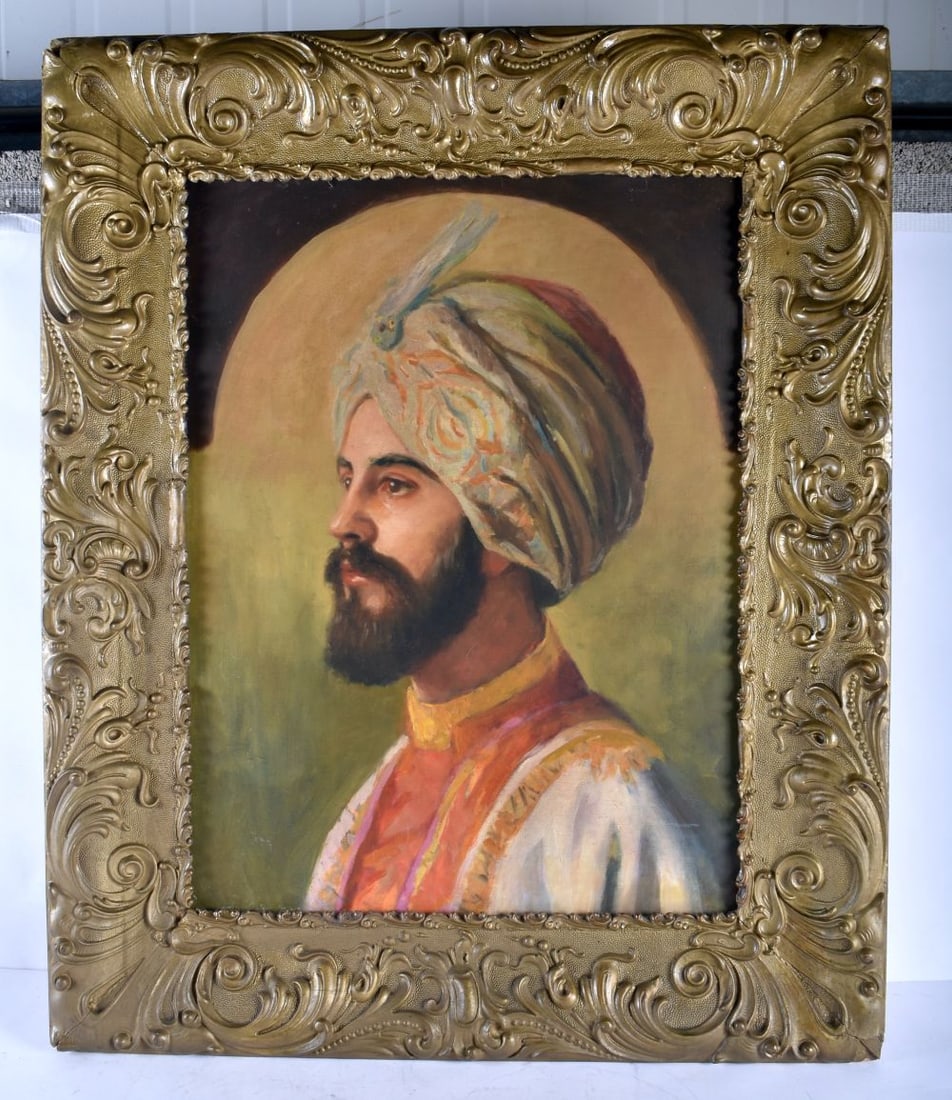 A Highly Impressive Painting of a man dressed in white/ red and gold robe with a Sikh turban.: A Highly Impressive Painting of a man dressed in white/ red and gold robe with a Sikh turban. Oil on Board. Probably Rudolf Swoboda (1859 to 1914). Or Circle of Rudolf Swoboda. Signature on the back w