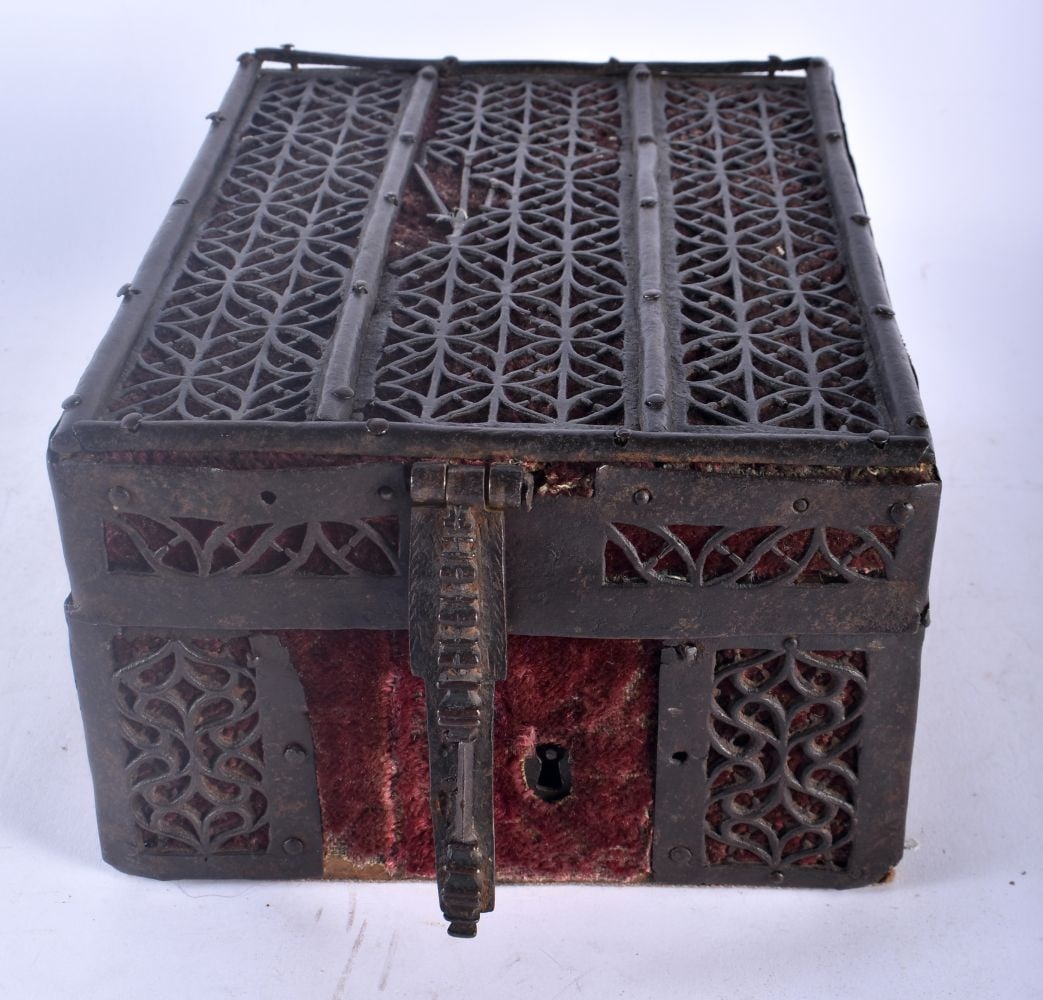 A 16TH CENTURY GERMAN GOTHIC STRAP IRON WOOD STRONG BOX overlaid with foliate type panelling, with o (1 of 4)