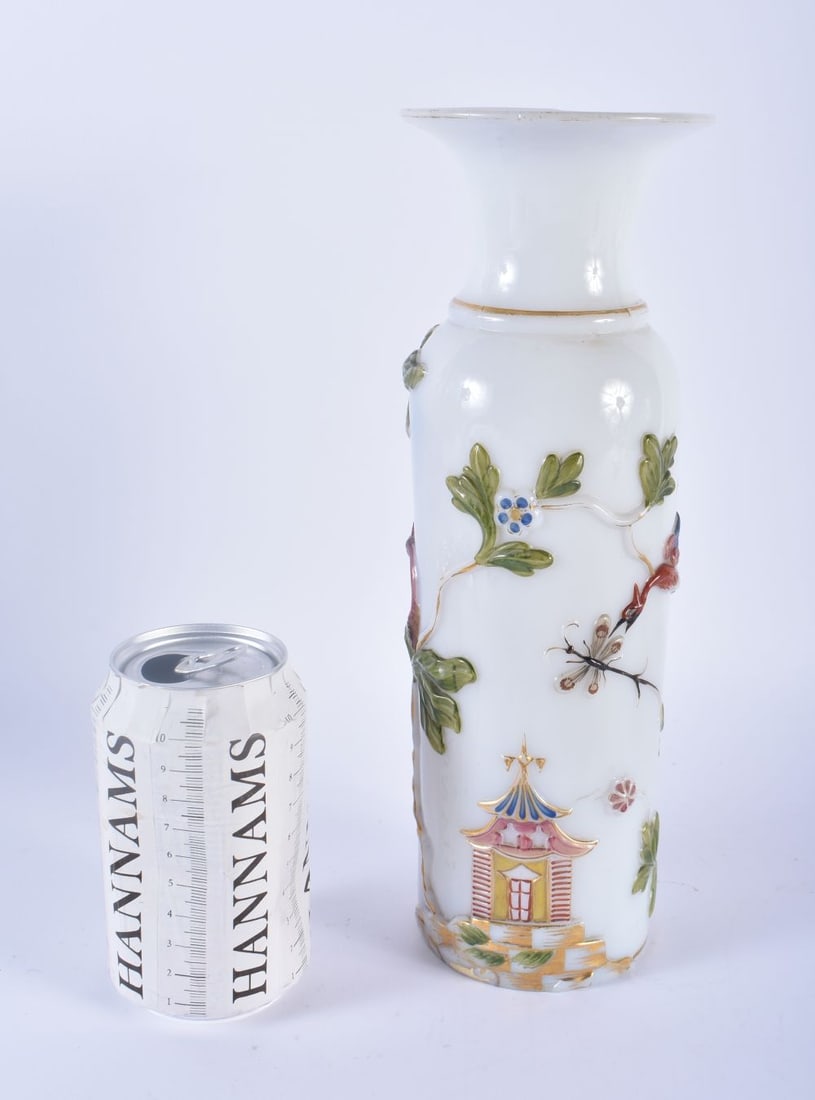 A VERY RARE EARLY 19TH CENTURY ENAMELLED OPALINE GLASS VASE decorated in relief with Chinoiserie sce: A VERY RARE EARLY 19TH CENTURY ENAMELLED OPALINE GLASS VASE decorated in relief with Chinoiserie scenes. 28 cm high.