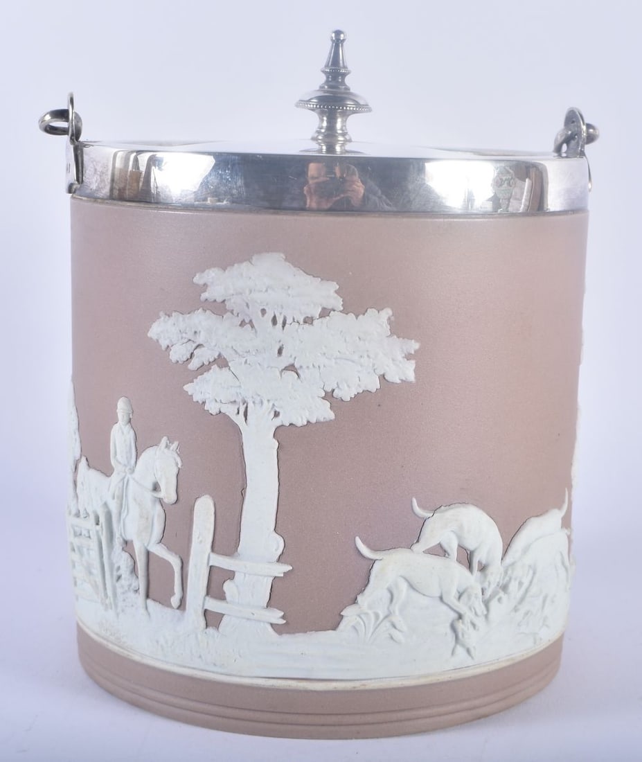 A WEDGWOOD PORCELAIN BISCUIT BARREL with silver plated mounts, decorated with fox hunting scenes in (1 of 5)