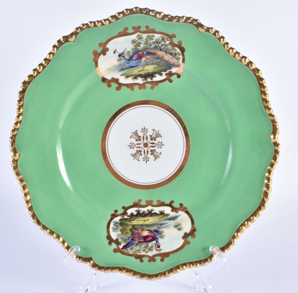 Flight Barr and Barr fine plate with green ground painted fancy birds in mirror shaped panels by ?Dr (1 of 5)