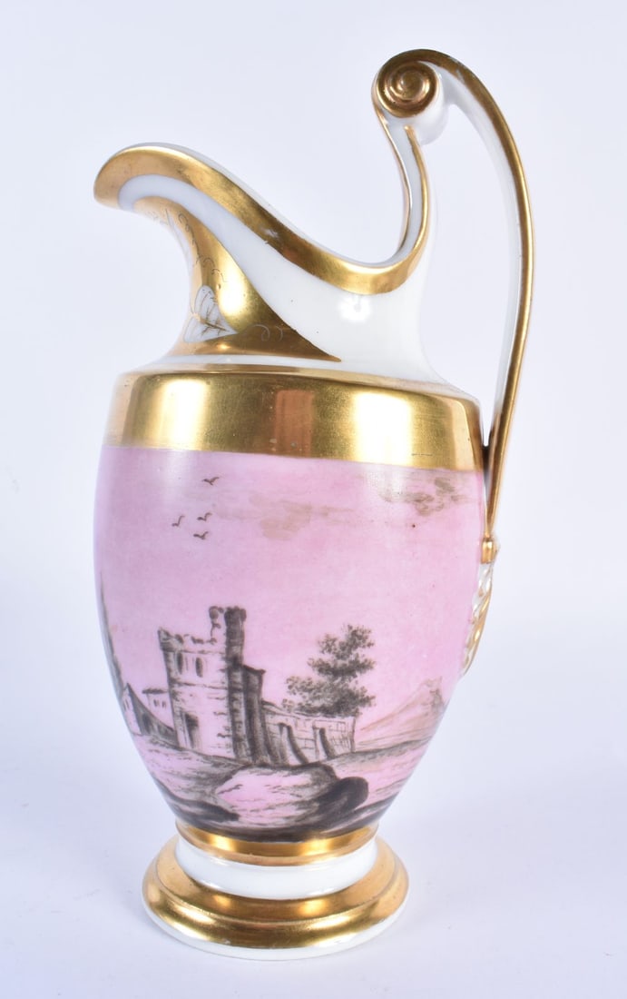 19th century Paris porcelain ewer, painted en grisaille on a pink ground with a continuous landscape (1 of 6)