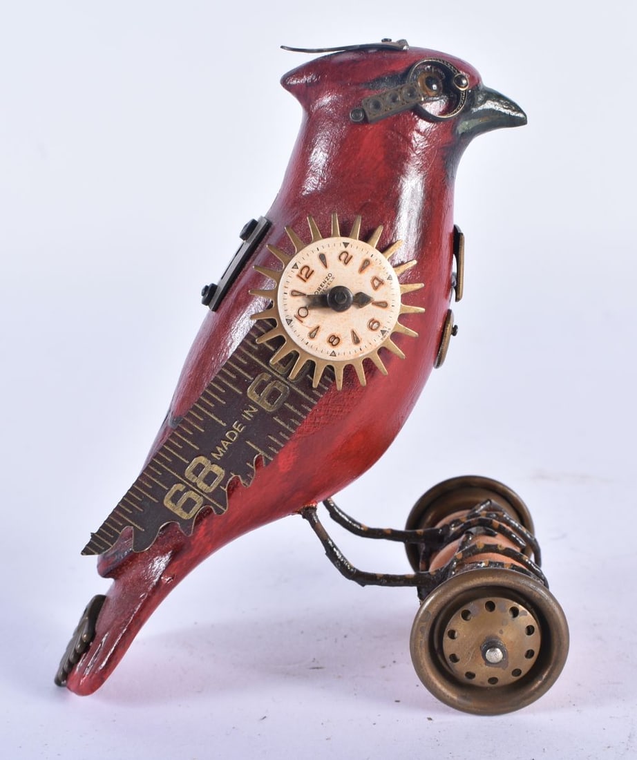 AN UNUSUAL FOLK ART PAINTED WOOD CLOCK BIRD. 12 cm x 7 cm. (1 of 5)