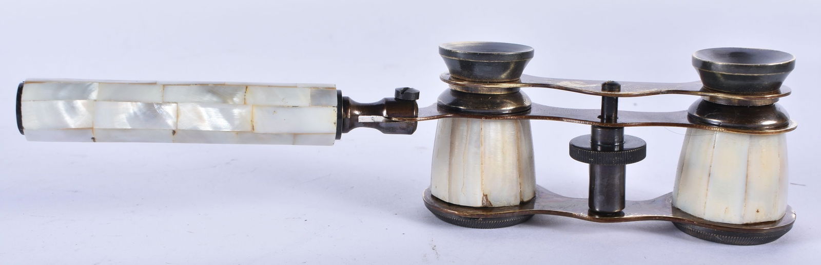 A PAIR OF MOTHER OF PEARL OPERA GLASSES. 18cm x 7 cm. (1 of 5)