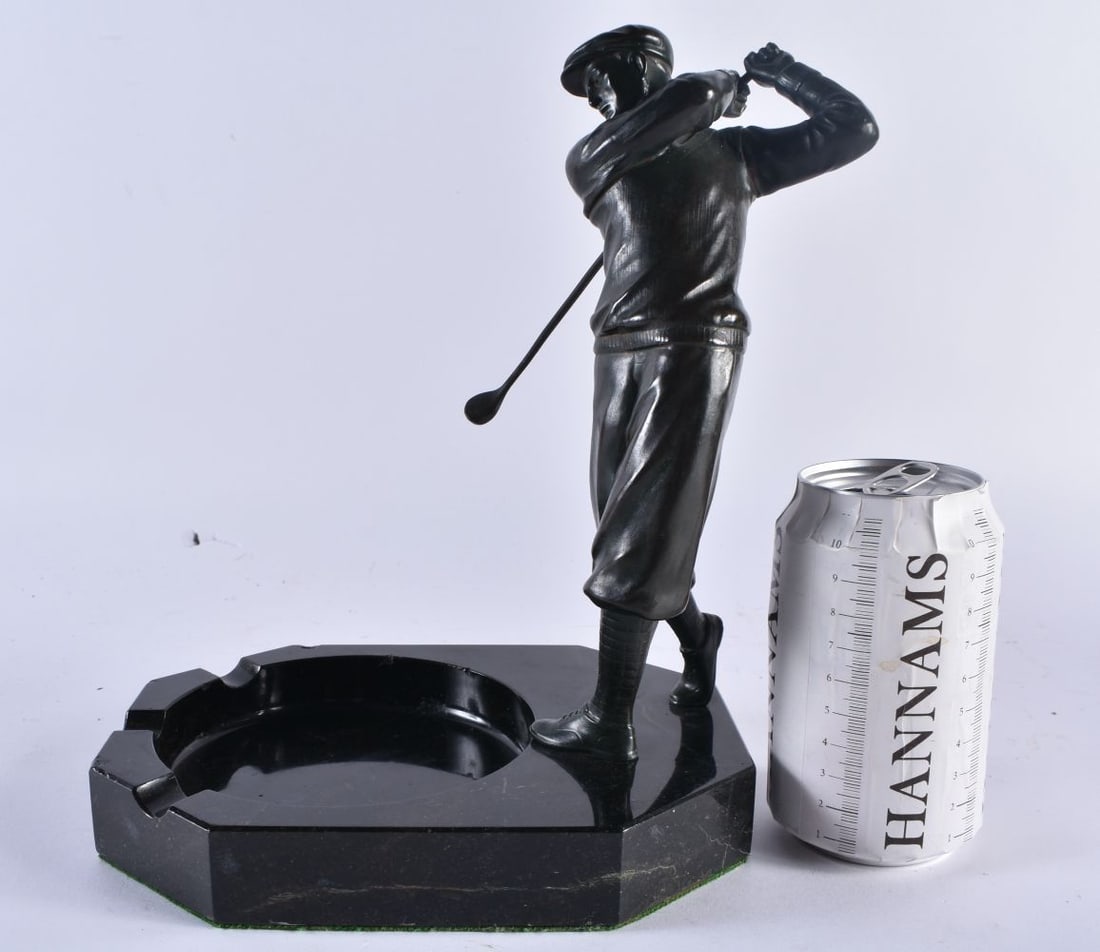 A STYLISH ART DECO PATINATED METAL AND MARBLE GOLFING GENTLEMAN'S DESK STAND possibly bronze. 27 cm (1 of 6)