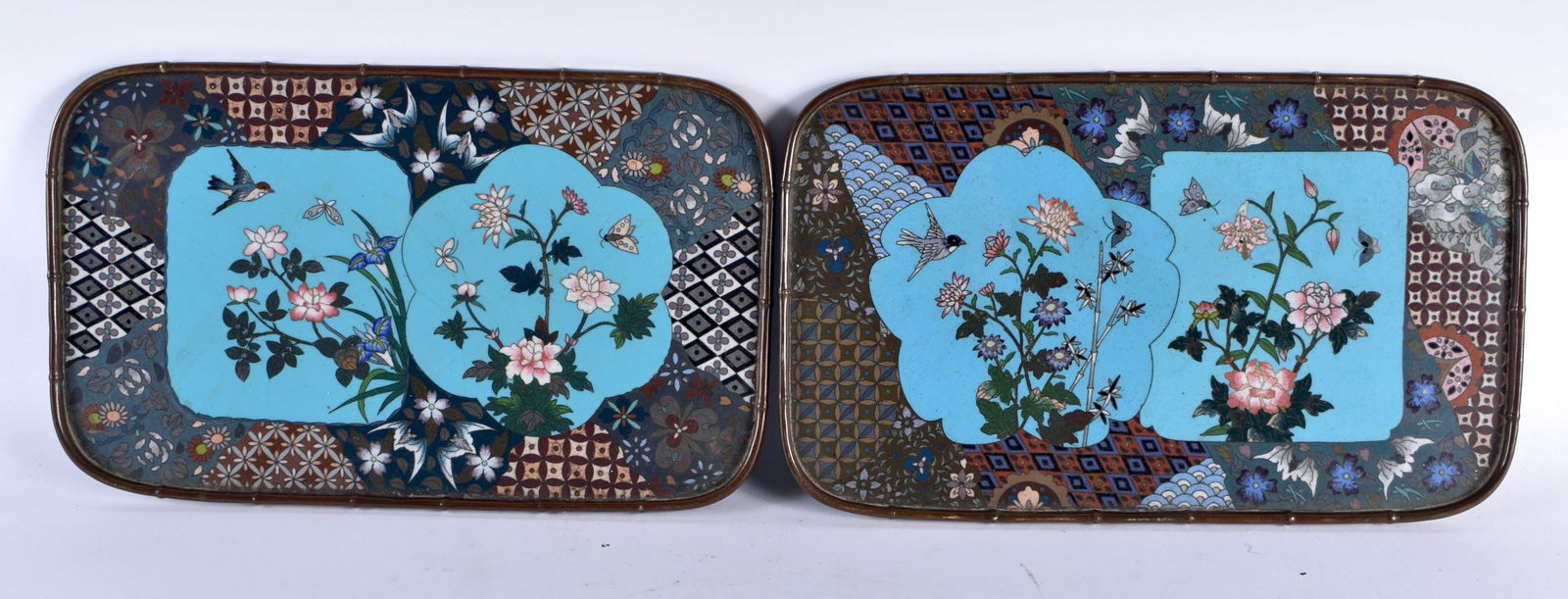 A RARE PAIR OF 19TH CENTURY JAPANESE MEIJI PERIOD CLOISONNE ENAMEL TRAYS decorated with birds and la (1 of 8)