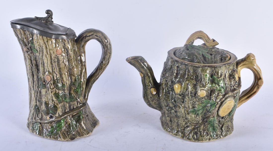 A VICTORIAN MAJOLICA TEAPOT AND COVER together with a matching pewter mounted jug. Largest 20 cm x 1 (1 of 6)