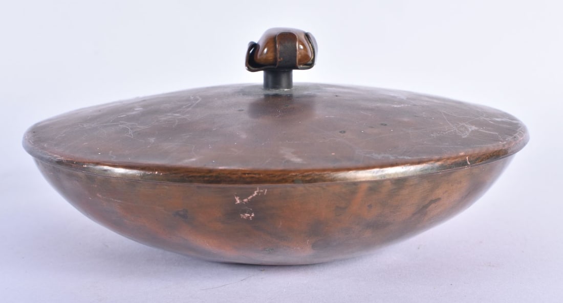 A SCANDINAVIAN COPPER AND HARDSTONE HAMMERED BOX AND COVER. 15 cm diameter. (1 of 6)