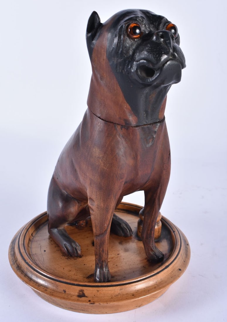 A 19TH CENTURY BAVARIAN BLACK FOREST CARVED WOOD INKWELL formed as a seated hound. 22 cm x 14 cm. (1 of 6)
