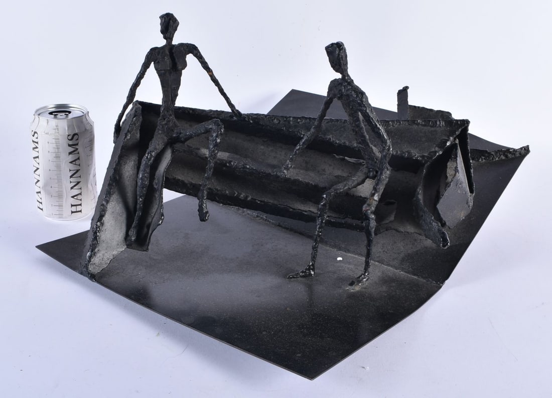 A LYNN CHADWICK STYLE CAST SHEET IRON FIGURAL GROUP. 40 cm x 27 cm.: A LYNN CHADWICK STYLE CAST SHEET IRON FIGURAL GROUP. 40 cm x 27 cm.
