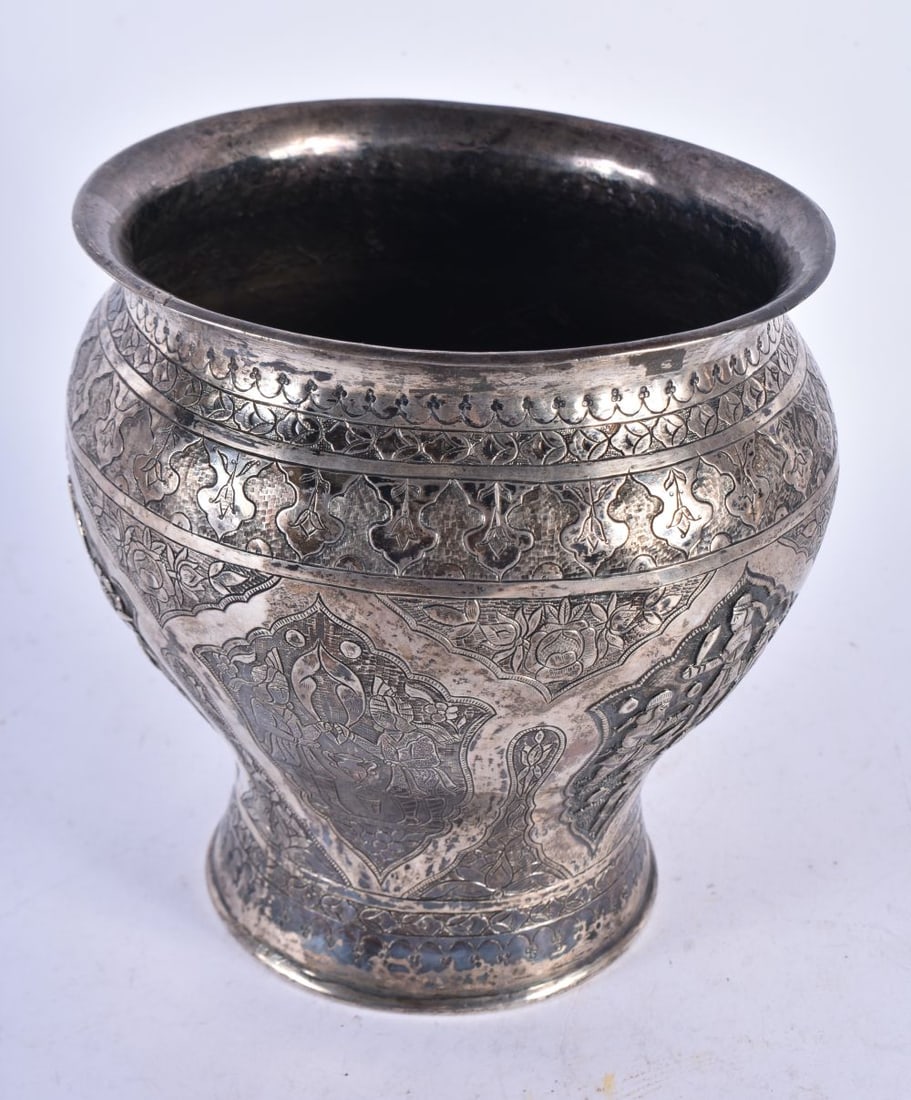 A Persian Silver Vase decorated with Figures and Landscapes.  17cm x 17cm, weight 693g (1 of 3)
