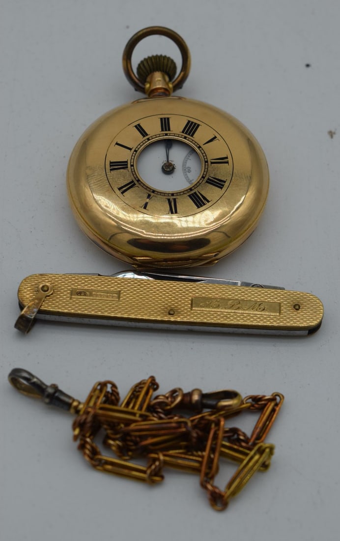 AN ANTIQUE 14CT GOLD HALF HUNTER ENAMELLED POCKET WATCH with 9ct gold cased pocket knife & a yellow (1 of 5)