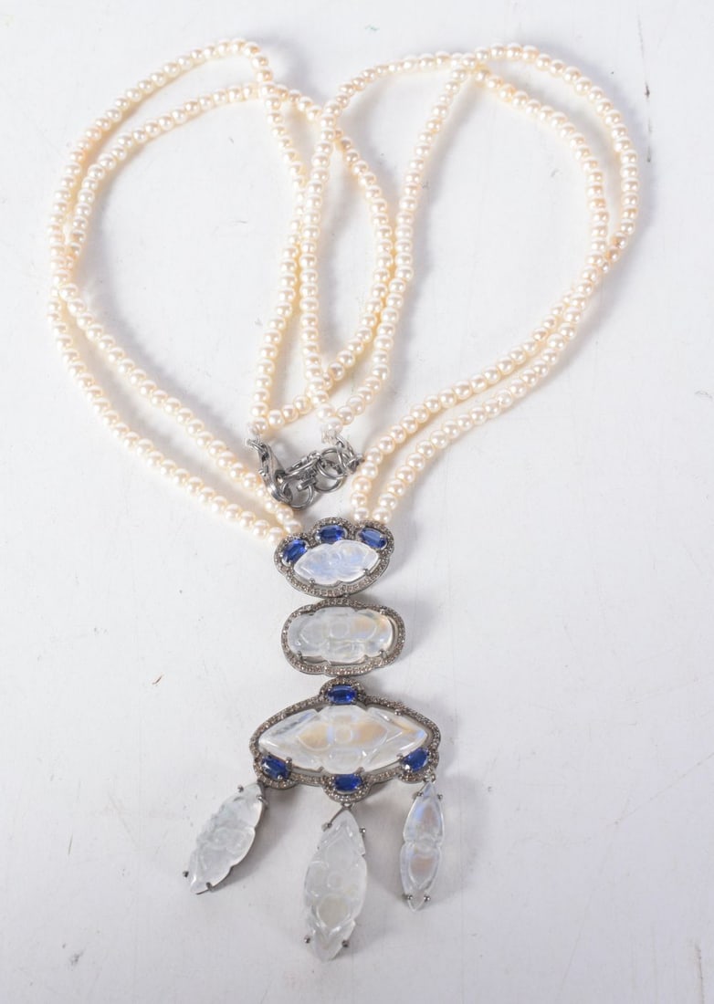A Double Strand Pearl Necklace with a Moonstone, Sapphire and Diamond Pendant.  Length 45cm, weight (1 of 3)
