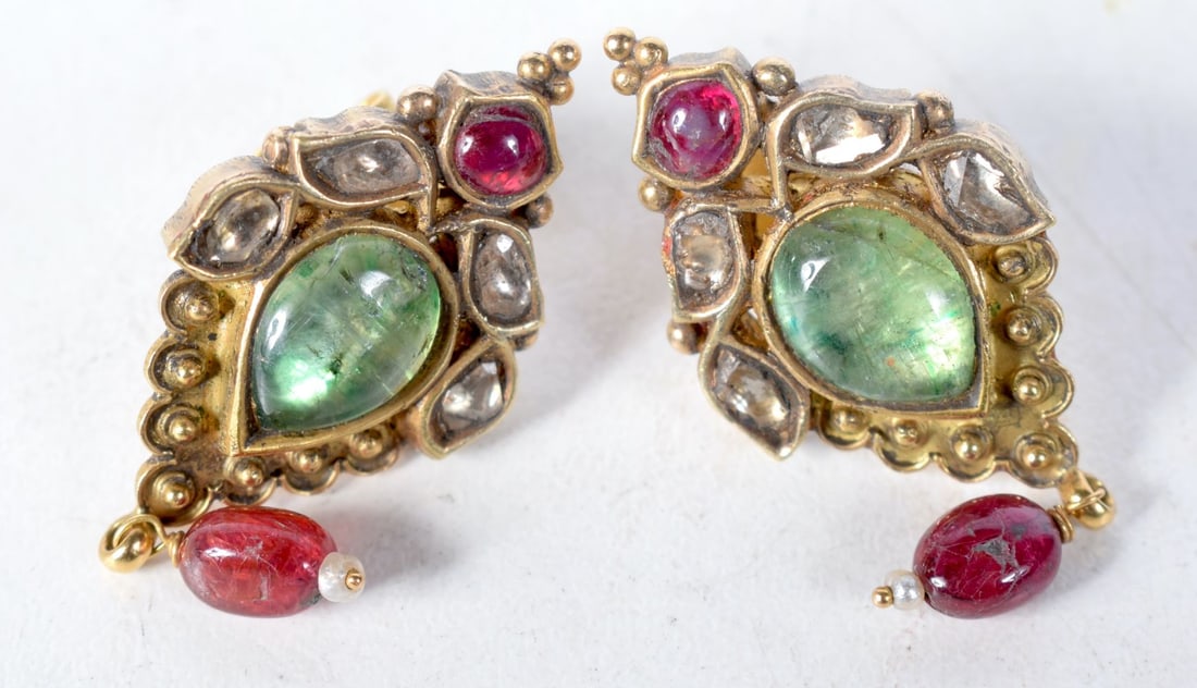 A Pair of Antique Gold Earrings set with Mughal Cut Diamonds and Gemstones.  4cm x 1.7cm, total weig (1 of 2)