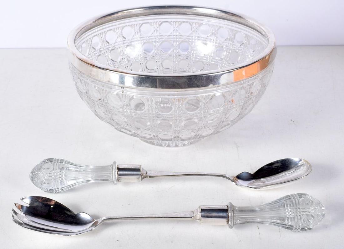 A Cut Glass Salad Bowl with Silver Plate Rim together with 2 Silver Plated Servers with Cut Glass Ha (1 of 3)