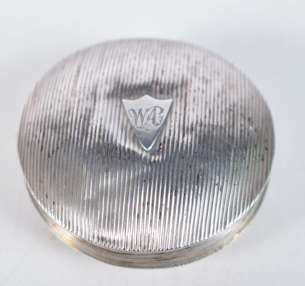 A Silver Snuff Box with Engine Turned Decoration.and Engraved Cartouche.  Stamped with indistinct ma (1 of 3)