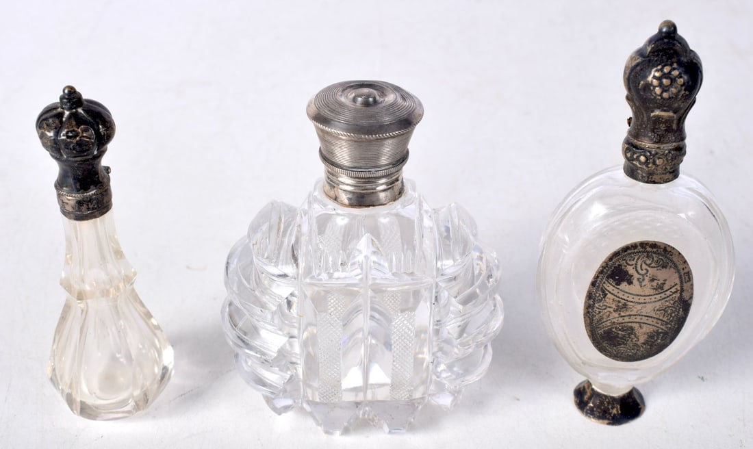 Three French Glass Scent Bottles.  Largest 8.2 cm x 6.4cm x 3.7cm (3) (1 of 3)