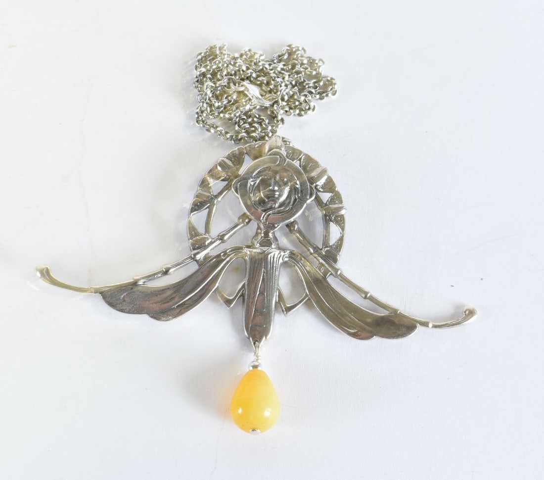 A Silver Art Nouveau Style Necklace.  Stamped Sterling, Chain 45cm long, Pendant 7.4cm x 10.3ch, wei (1 of 3)