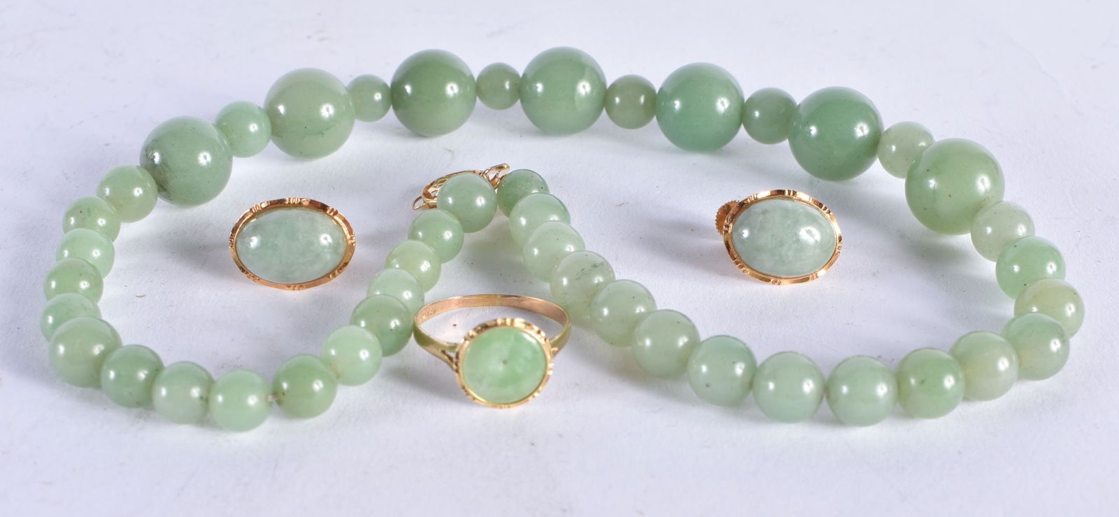 A Suite of 14 Carat Gold Jewellery incl Bead Necklace. Ring and Earrings.  Stamped 14K, Ring Size O, (1 of 3)